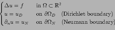 \begin{displaymath}\begin{cases}\Delta u = f & \mbox{ in } \Omega\subset\mathbb{...
...n } \partial\Omega_N   \mbox{ (Neumann boundary)} \end{cases}\end{displaymath}