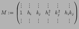 $\displaystyle M:=
\begin{pmatrix}
\vdots & \vdots & \vdots & \vdots & \vdots & ...
... h_i k_j \\
\vdots & \vdots & \vdots & \vdots & \vdots & \vdots
\end{pmatrix}$