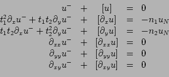 \begin{displaymath}\begin{array}{rcccl} u^- & + &[u] &=& 0  t_1^2 \partial_x u...
...0  \partial_{xy} u^- & +& [\partial_{xy} u] &=& 0 \end{array}\end{displaymath}